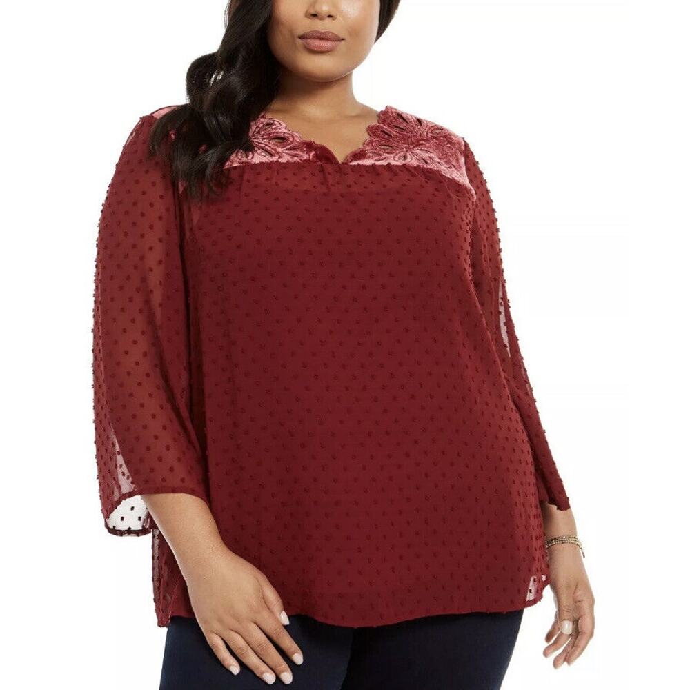New‎ Style & Co Womans Sz 3X Blouse Lace Sleeve Eyelet Wine Red Sheer NWT